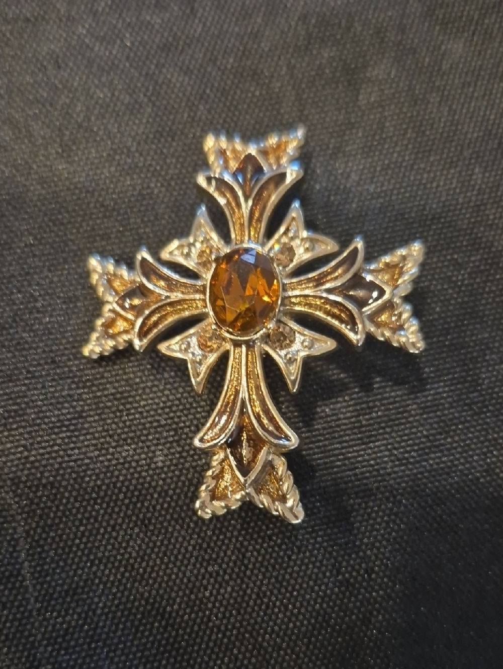 Vintage Monet Ornate Gold Maltese Cross Brooch with Amber Stone